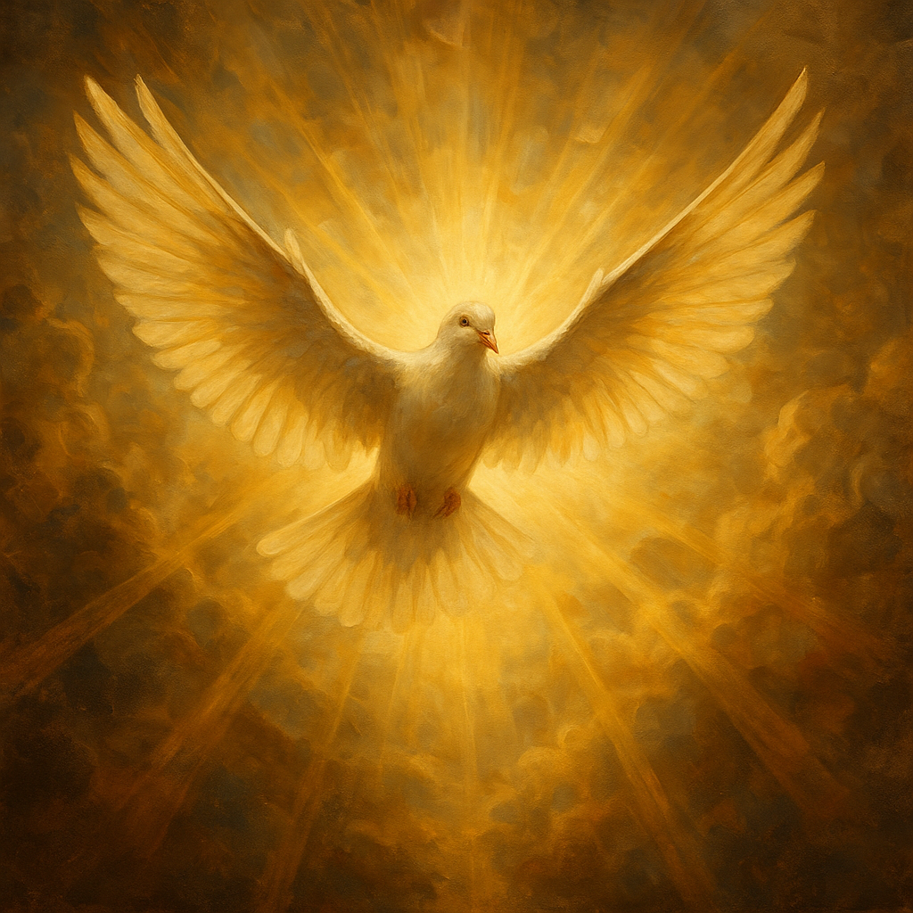 “Soft countryside scene with warm sunlight breaking through trees, symbolizing the presence and guidance of the Holy Spirit.