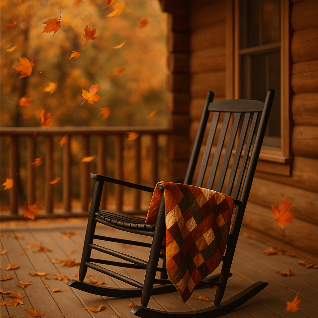 A cozy wooden rocking chair on a front porch surrounded by swirling autumn leaves — a quiet reminder to pause, breathe, and pray before panic takes hold.